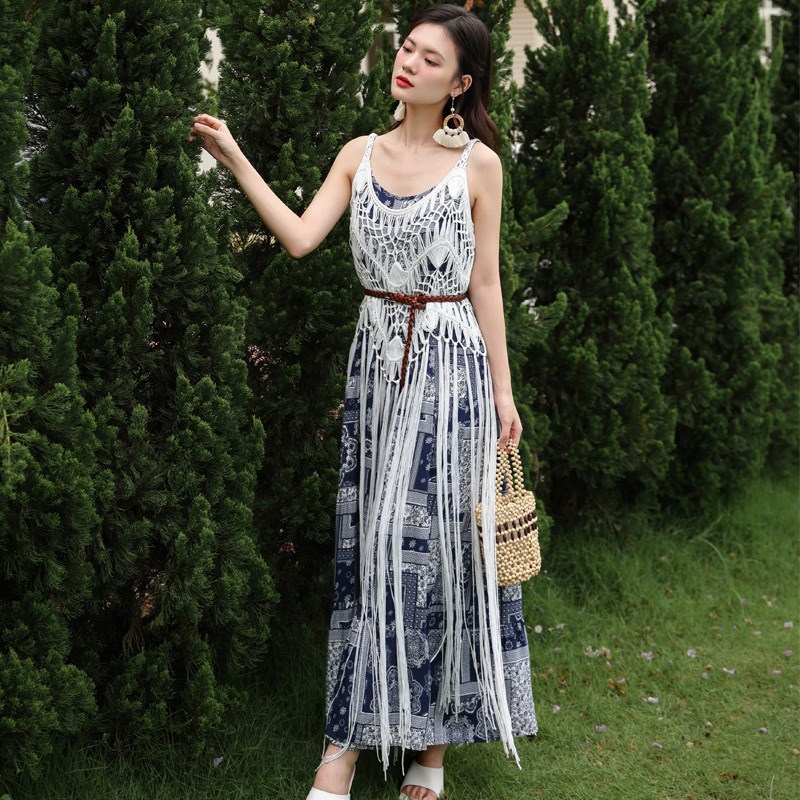 速发复古民族风长裙亚海系度假手长钩织边带流苏工款吊带上衣