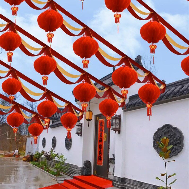 速发农村结婚院子装景拉花彩带灯笼婚串现场场饰布置婚庆彩旗三角