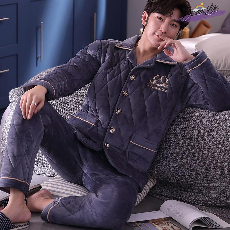 速发冬季男士三层加厚夹棉睡衣套装法兰绒棉袄家居瑚珊服绒青少中