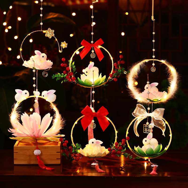 速发20新42款古风中秋灯笼儿制手工童作材料包手提小兔子宫灯花灯