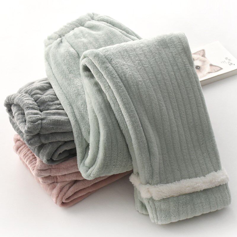 速发纯色居约睡衣士秋冬季坑条法兰绒加厚暖保加绒长裤休闲家简裤