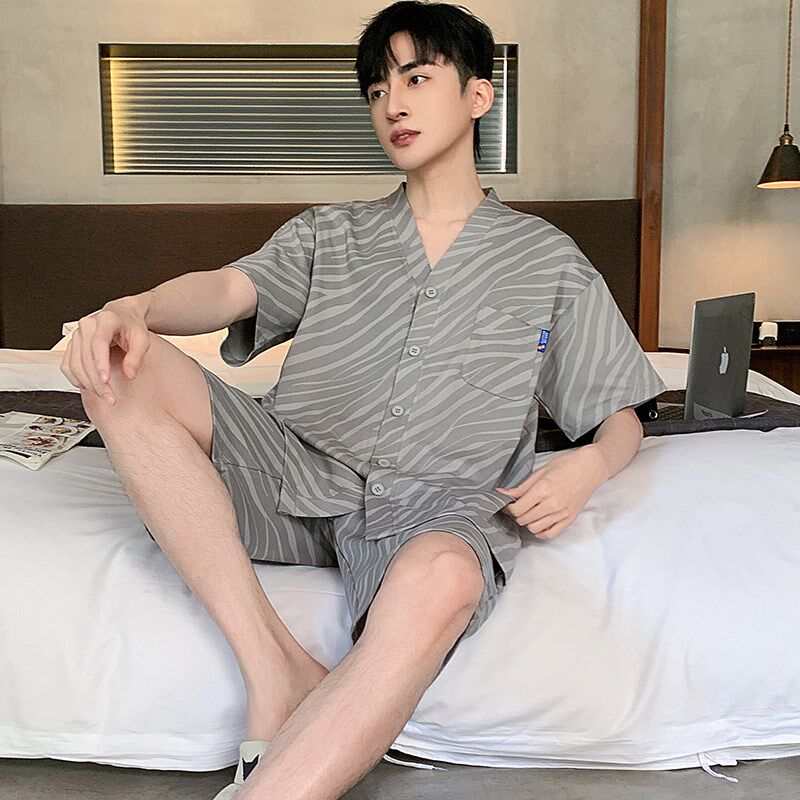 速发夏季男士开衫大码睡衣套装棉家居服和服可外穿韩版系休闲条纹
