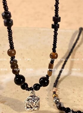 速发复古新中式串珠项链轻奢小众设计平安锁醒狮锁骨链个性时尚配