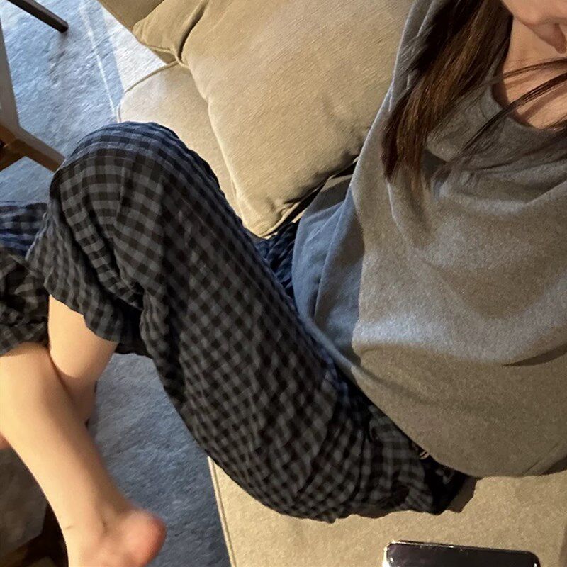 速发网红款洋气蓝色格子孕妇裤夏季薄款九分裤小个子无托腹孕妇休