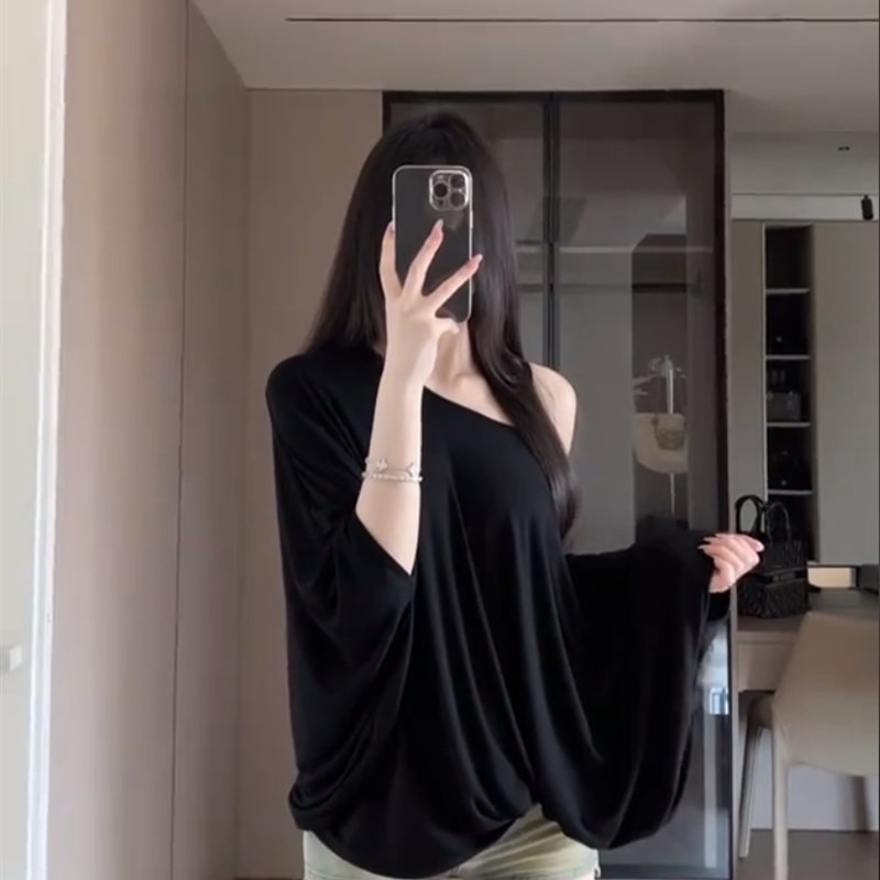 速发懒欲斤大码装性感纯0松弛慵0风露肩蝙蝠袖宽松薄款辣妹T恤上