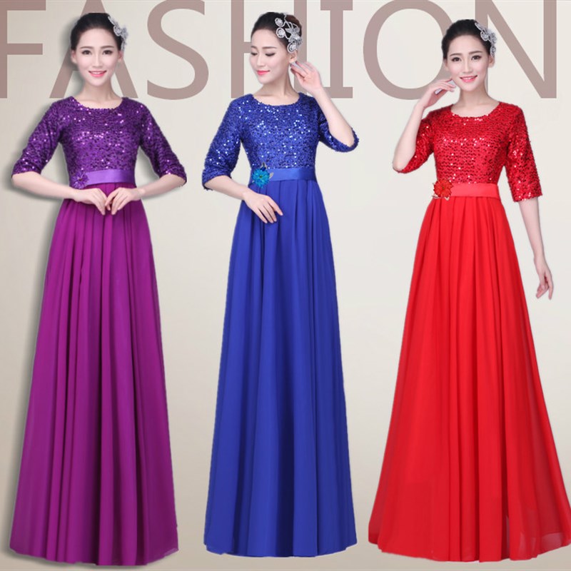 速发新款大合唱演出服成诵中老年朗人团体合唱裙装亮片长服现货