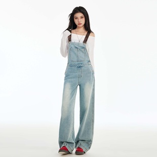 西岸社·倒装牛仔背带裤男女2026春季新款高街宽松阔腿拖地长裤子