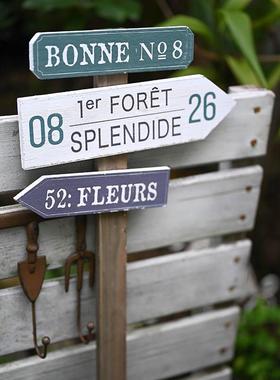 日单ins风实木三色指示牌花园装饰路牌花插复古怀旧法式庭院摆件