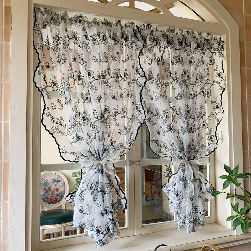 法式复古绣花纱帘蕾丝窗纱刺绣美式窗帘免打孔阳台落地窗门帘飘窗