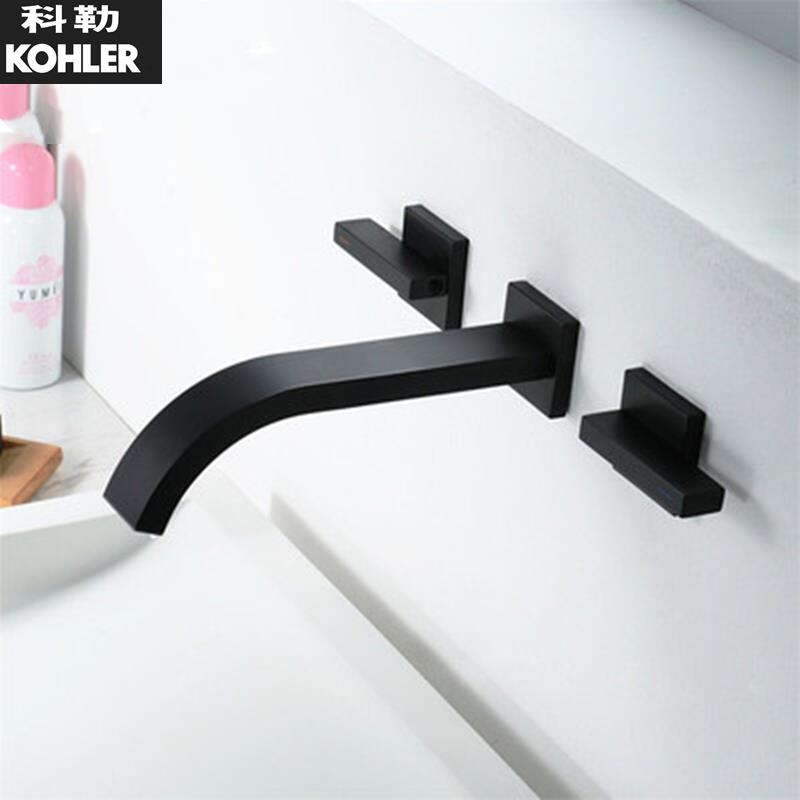 正品K-14602T-4全铜黑色台上盆入墙式暗装面盆瀑布双把冷热水龙头