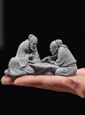 老者对弈老人下棋鱼缸造景园艺花卉假山盆景摆件复古桌面创意装饰