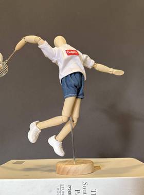 梧棣木人创意羽毛球主题装饰摆饰精致羽毛球礼品木偶人关节可动