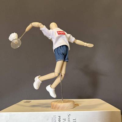 梧棣木人创意羽毛球主题装饰摆饰精致羽毛球礼品木偶人关节可动