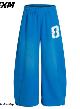 88FXM 街头渐变蓝色印花弯刀卫裤男女爵士舞宽松慵懒风休闲阔腿裤