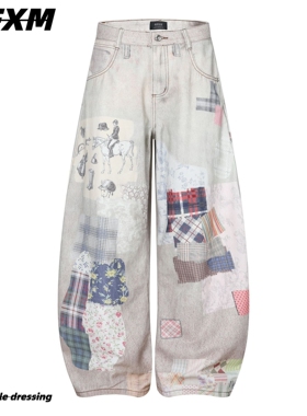 88FXM 美式复古做旧3D打印格纹拼图弯刀牛仔裤男女潮牌宽松阔腿裤