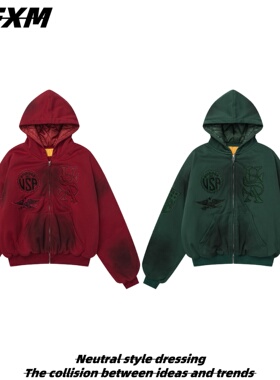 88FXM美式复古刺绣徽章棉衣男女冬季vintage加厚连帽晕染宽松外套