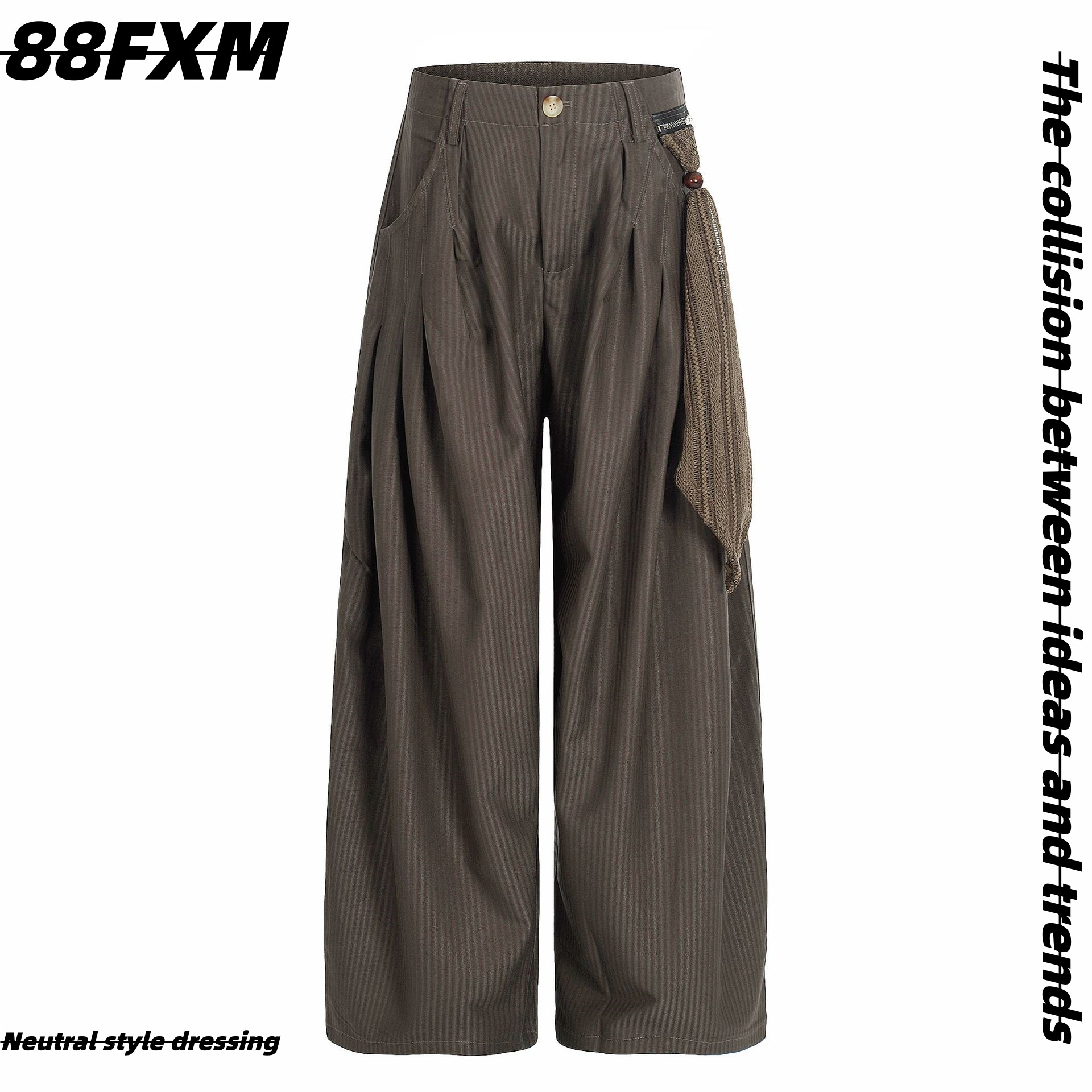 88FXM 美式复古设计感小众飘带褶皱西裤男女高级感休闲拖地裤子潮