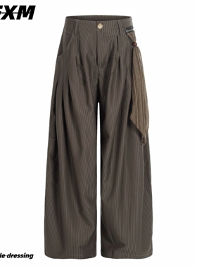 88FXM 美式复古设计感小众飘带褶皱西裤男女高级感休闲拖地裤子潮