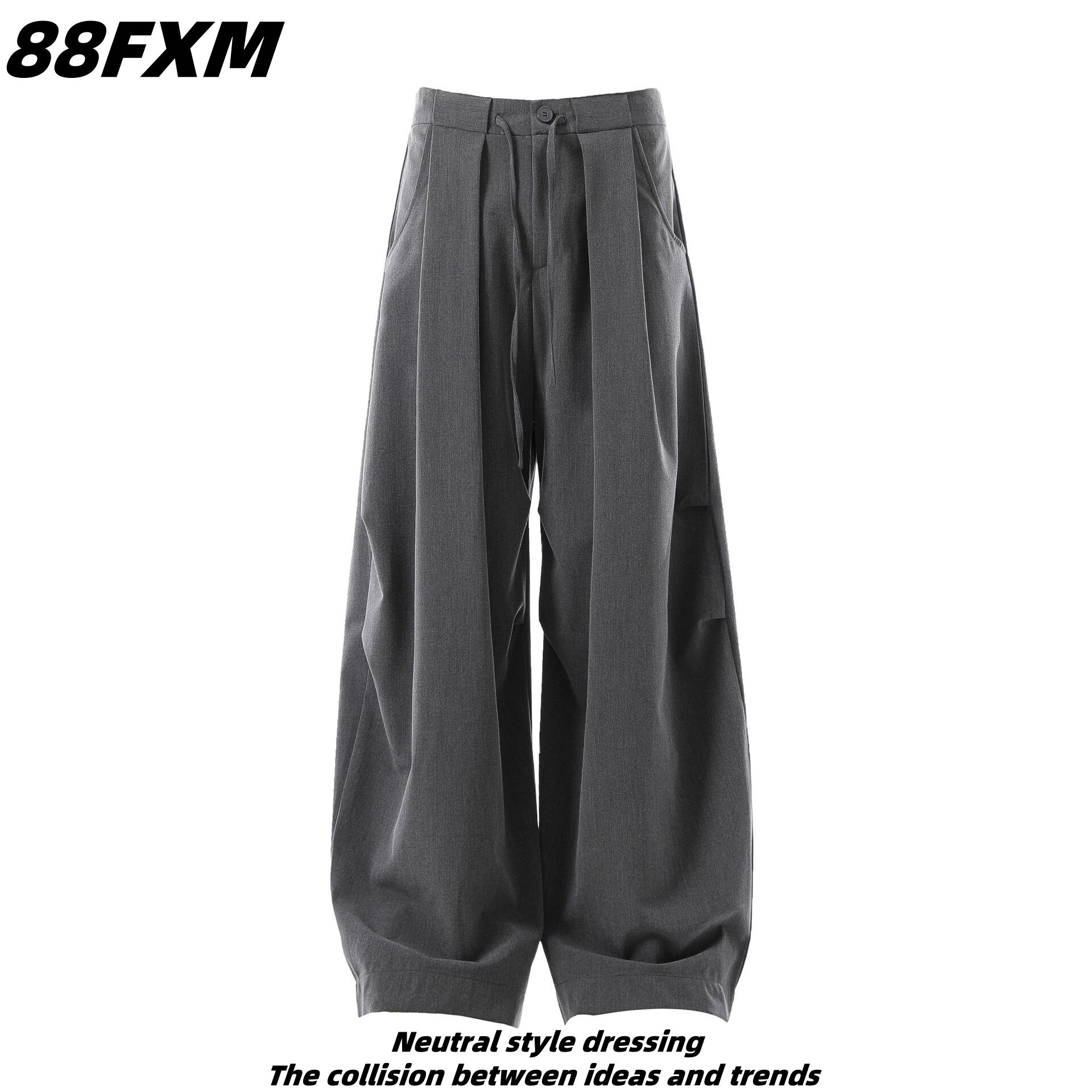 88FXM 美式复古老钱风褶皱灰色西裤男女街头百搭宽松阔腿垂感裤子