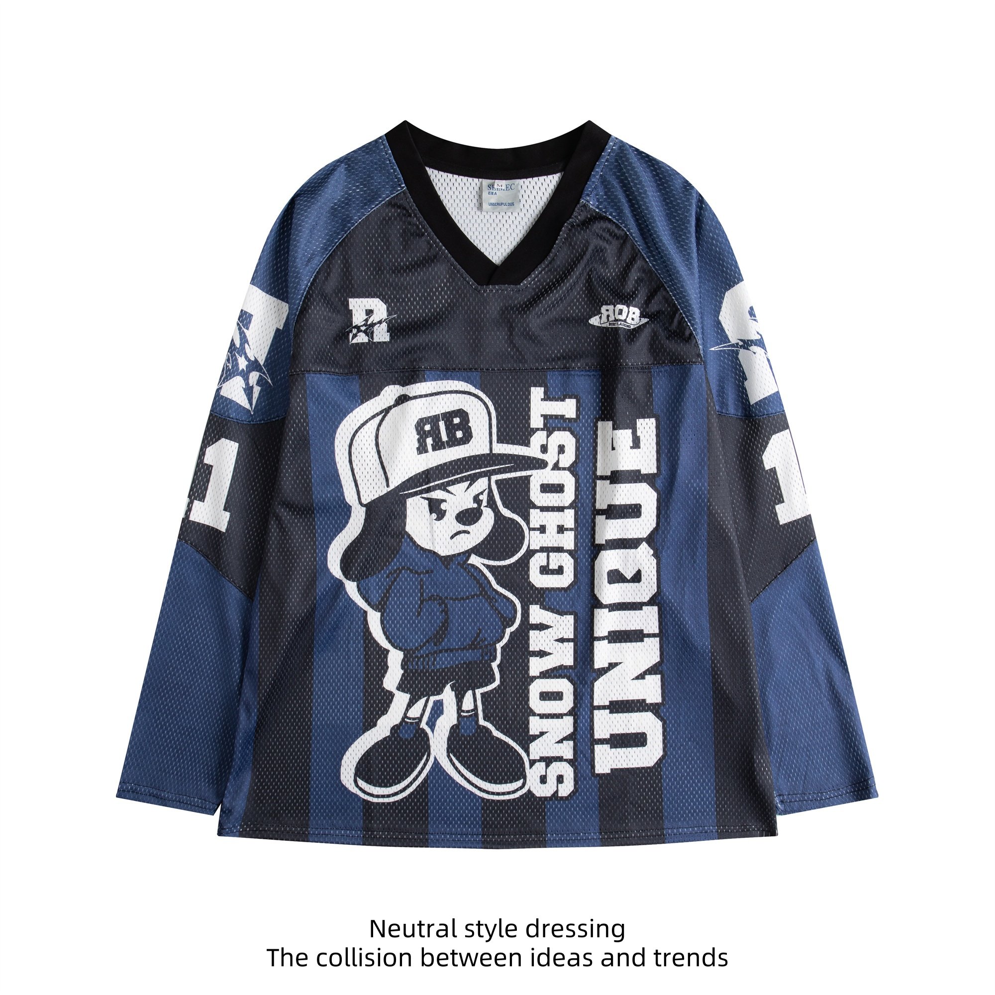 88FXM美式复古设计感球衣女卡通印花休闲橄榄球服嘻哈运动长袖T恤