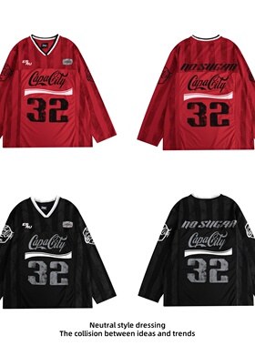 88FXM 美式冰球服V领32号运动球衣风撞色宽松长袖T恤男女休闲上衣