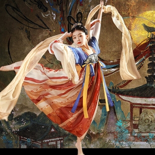 新款汉服女孩春秋超仙古装连衣裙大唐风小女孩高端敦煌古筝演出服