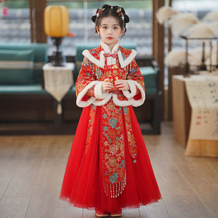 女童汉服公主裙套装冬季加绒2023儿童中国风唐装古装演出服长袖