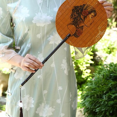 速发国风竹丝团扇手工雕花竹编扇子复古大漆麈尾团扇紫竹柄蒲扇腰