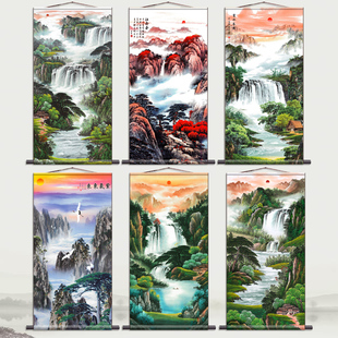 速发新款全画面卷山丝绸画水财山招字画客厅沙发背景卷轴挂画靠轴