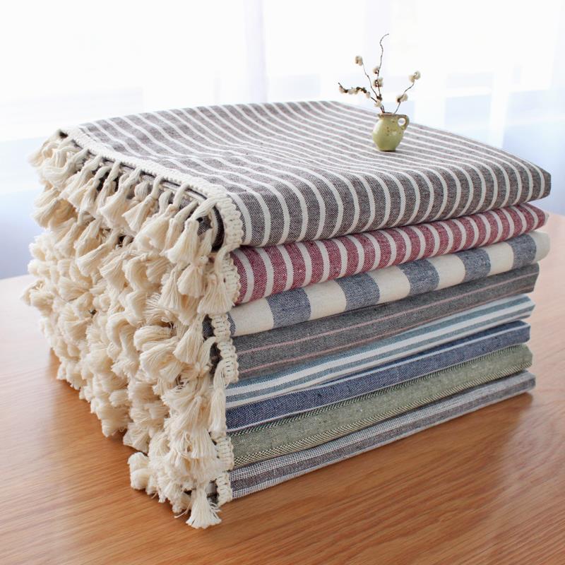 简约现代棉麻条纹桌布小清新日式长方形餐桌台布茶几盖布多色布艺