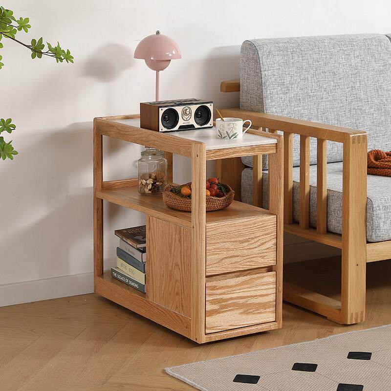 网红简约迷你沙发侧边柜北欧可移动实木边几客厅轻奢岩板橡木茶桌