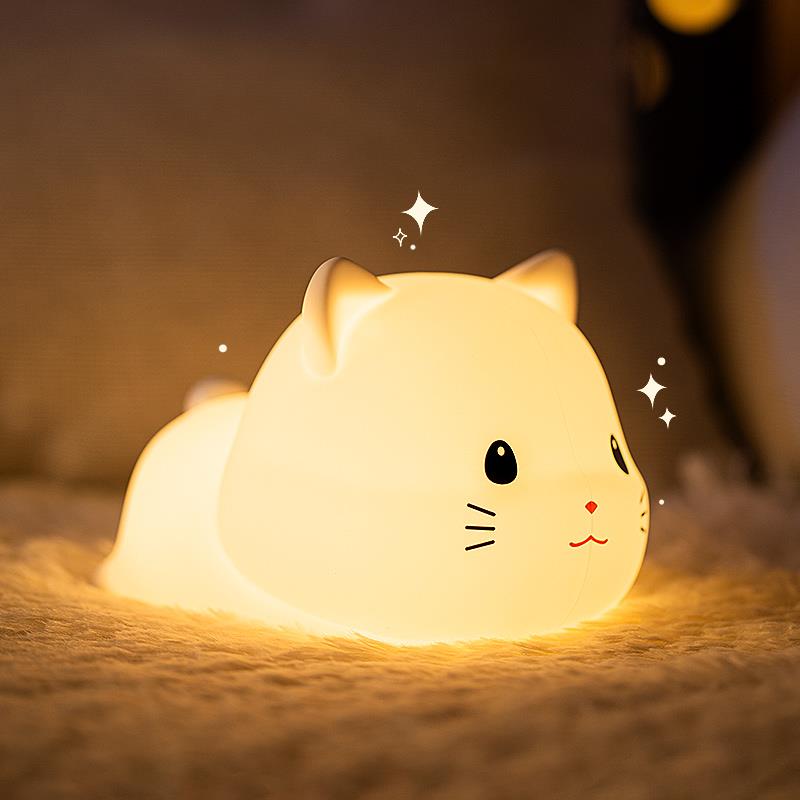 可爱呆呆猫硅胶小夜灯充电卧室床头睡眠拍拍伴睡女台灯儿童房柔光