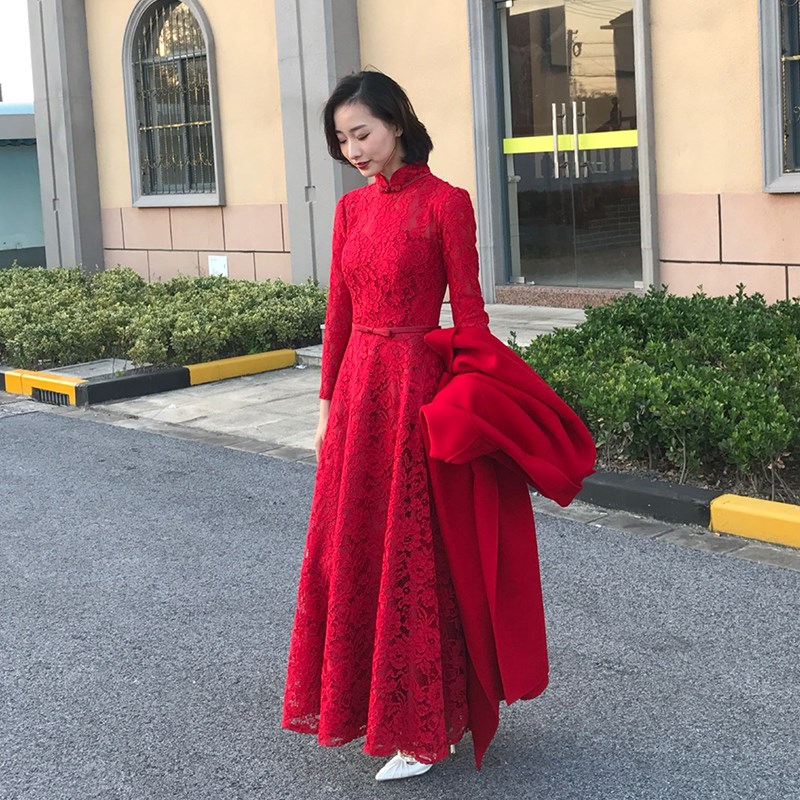 速发敬酒服新娘衣袍酒红色长款订婚结婚礼服连袖裙蕾丝长旗大气