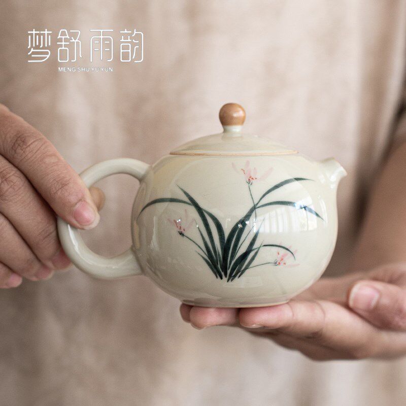 现货草木灰手绘兰花西施壶手工z陶瓷小茶壶单壶单人功夫茶具泡茶