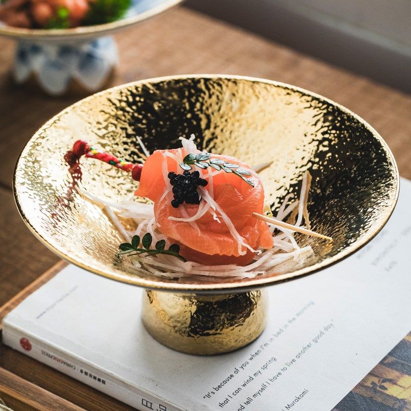 速发创色前台盛器刺身盘子怀石料理餐具日式金意高脚小吃高菜碟甜