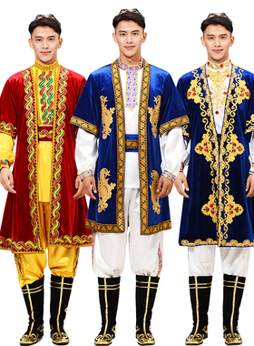 速发新款新疆舞蹈服装男蓝色少数民族舞蹈维吾尔服演出族舞饰台表