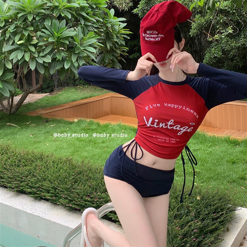 速发胸长袖潜水服分体小款聚拢保守学生度假泡温泉防晒