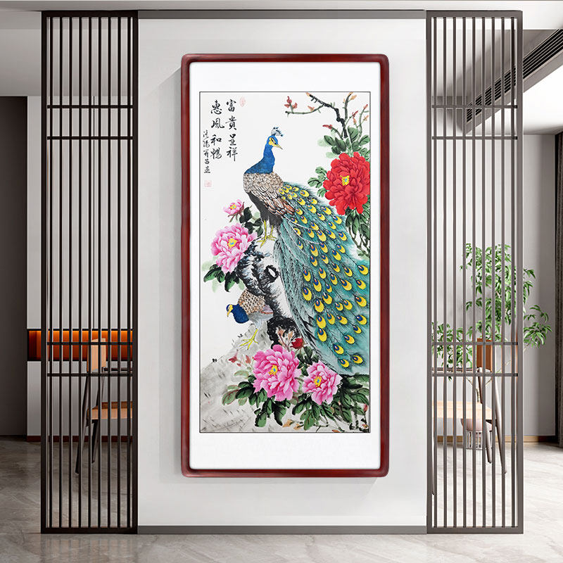 速发手绘孔雀 牡国花鸟图别墅会所新房竖款玄关挂廊走画花开富贵