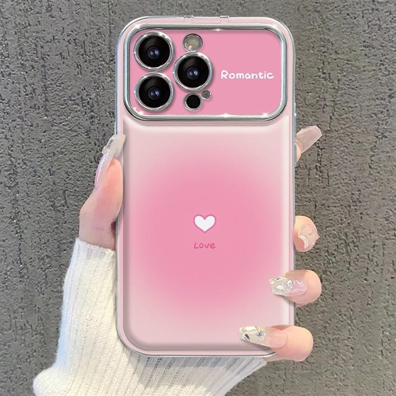 速发适用15promax手机壳iph14晕染爱心1电镀银翻盖镜子xs