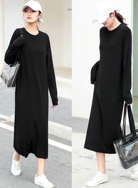 速发宽松连衣裙中长衣内搭春秋韩版休闲黑色圆领长袖卫款裙打底长