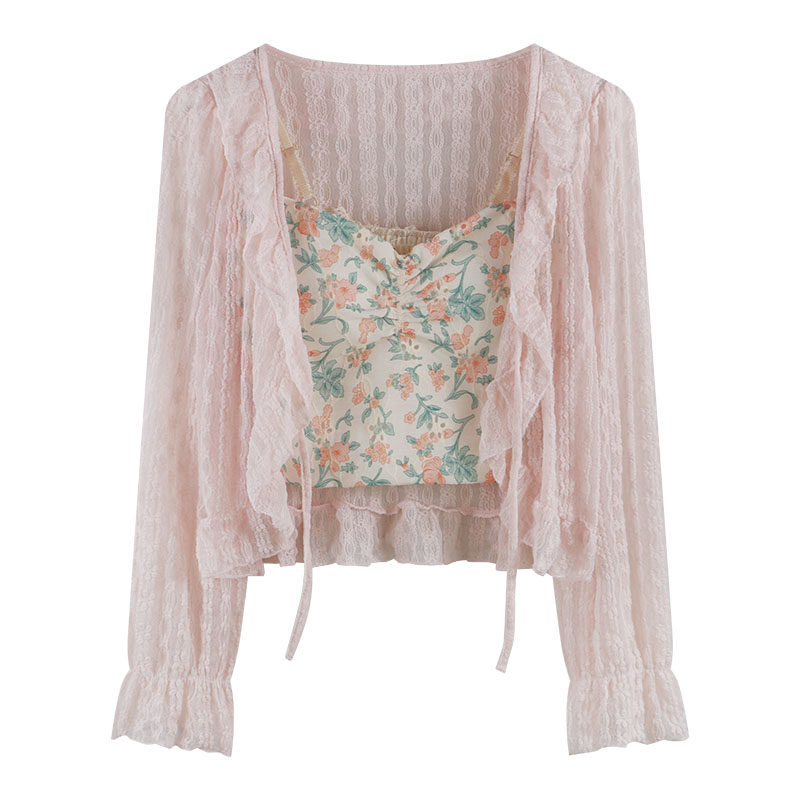 速发碎花小吊带背心外搭晒法式温柔风荷叶边蕾丝开款防衫短外套