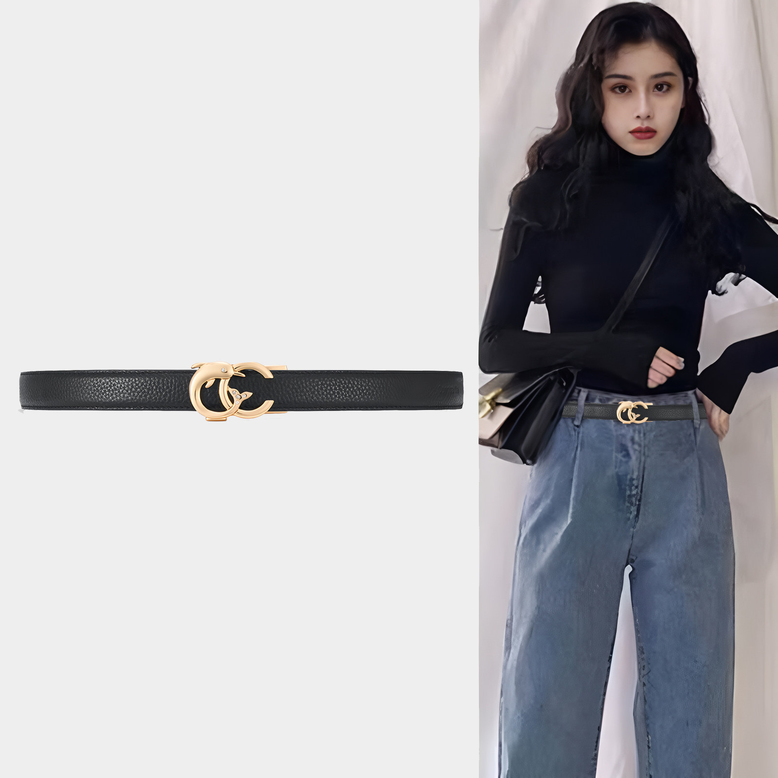 女百搭头层牛皮合金牛仔皮带