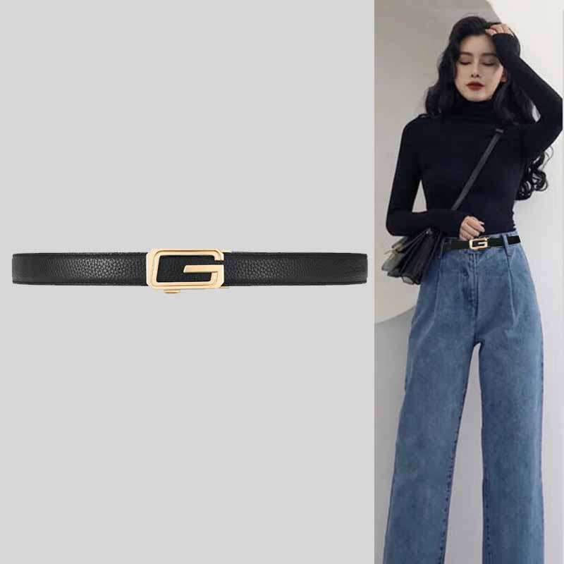 女百搭头层牛皮合金牛仔裤皮带女