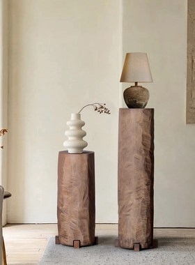 侘寂风实木墩子底座柱子民u宿酒店样板间玄关中式复古木雕花架摆