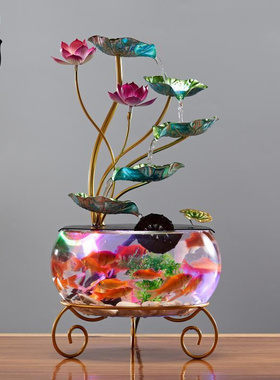 中式创意鱼缸流水招财室内办公室景观荷花摆件循环水开 业乔迁礼