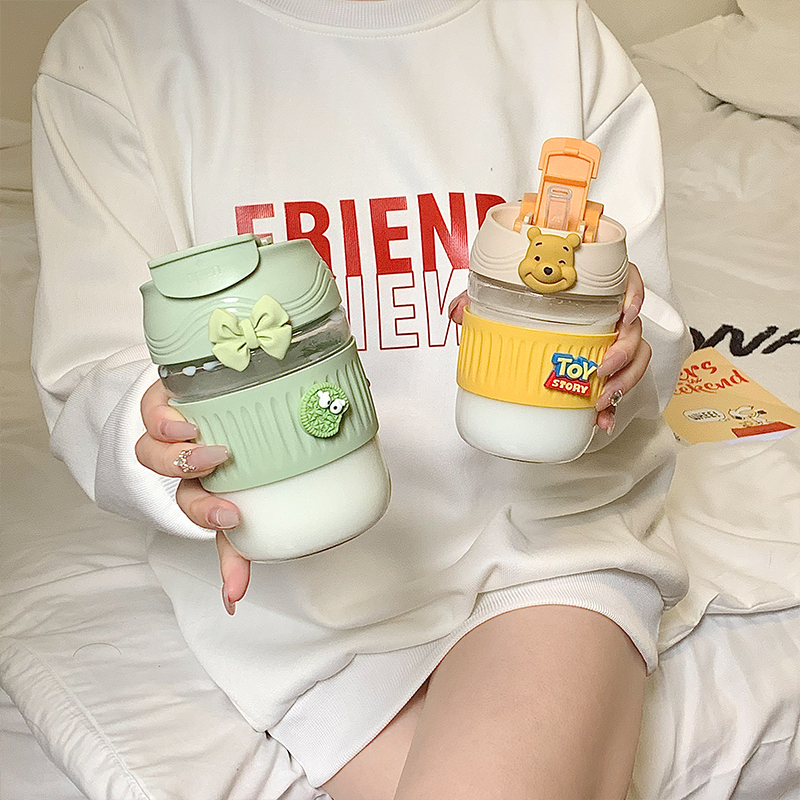 双饮咖啡杯玻璃水杯子女生办公带B吸管茶杯便携随行杯高颜值牛奶