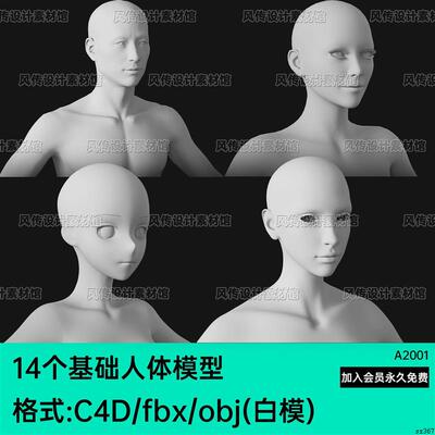 fbx基础人体obj身体3d模型C4D男女人物Blend二次元动漫角色zb素材