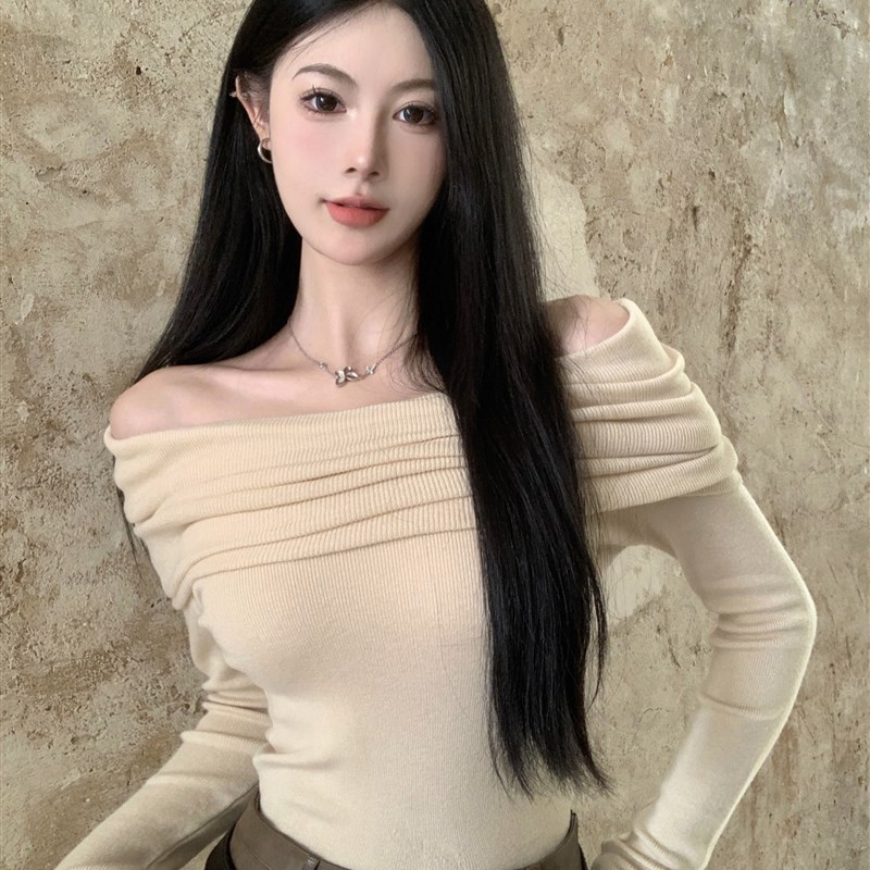 露肩长袖打底衫上衣秋装女粉色温柔风短款L紧身内搭一字领针织毛