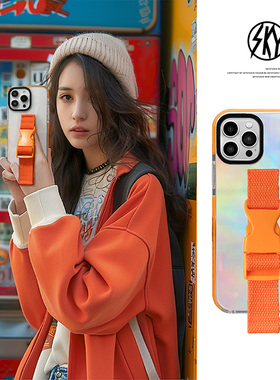 镭射潮牌腕带苹果17promax手机壳苞米同款适用于iphone15p软套防摔14多用支架16plus橙色13斜挎12手工缝制11