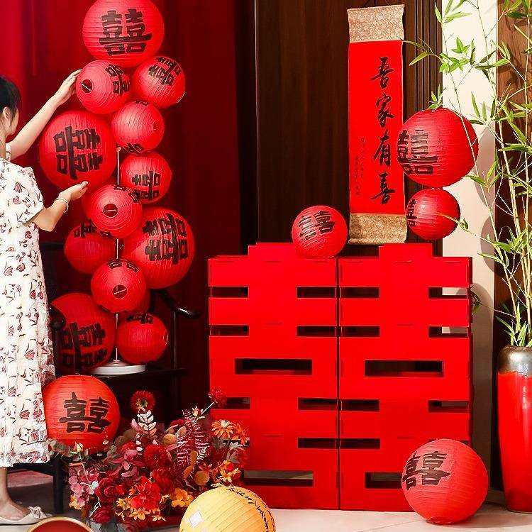 结婚立体喜字摆件灯笼立柱落地婚房布置套装婚礼客厅囍字桌面装饰图片